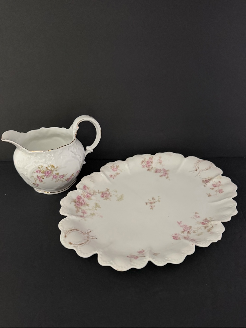 Haviland Limoges Pink Roses Porcelain Creamer and Scalloped Platter 161/2x11 1/2